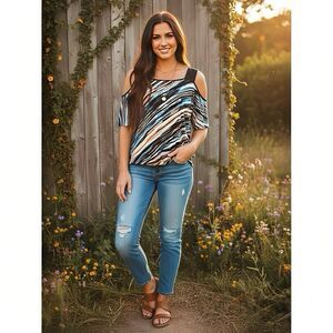 Cato Womens Blouse Sz Medium off-shoulder Striped Colorful Y2k 2000's Retro